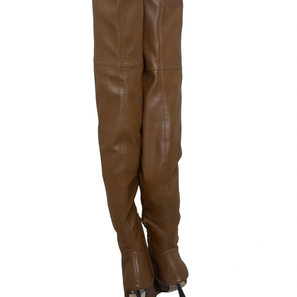 JIMMY CHOO Bryson 100 Tan Stretch Bonded Fabric Over-The-Knee‎ Boots Tan SZ 35.5